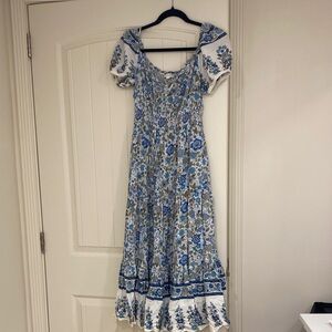 By the River Floral Blue and White Midi Dress Peasant Boho Cottagecore
